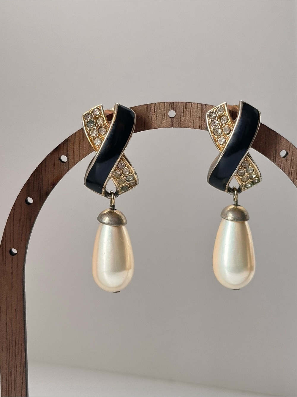 Vintage Dangle Earrings Faux Pearl Drop Enamel Ribbon Pierced posts Rhinestone